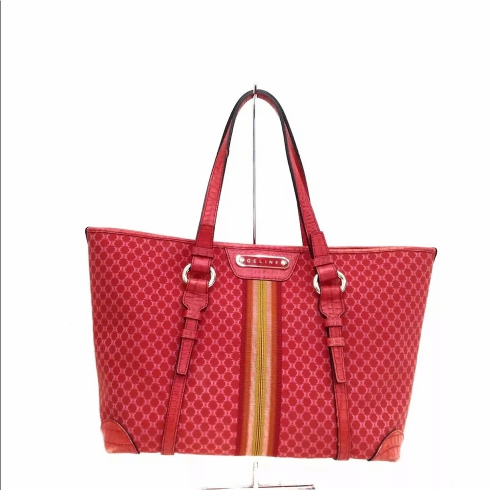 Auth Celine jacquard leather tote large